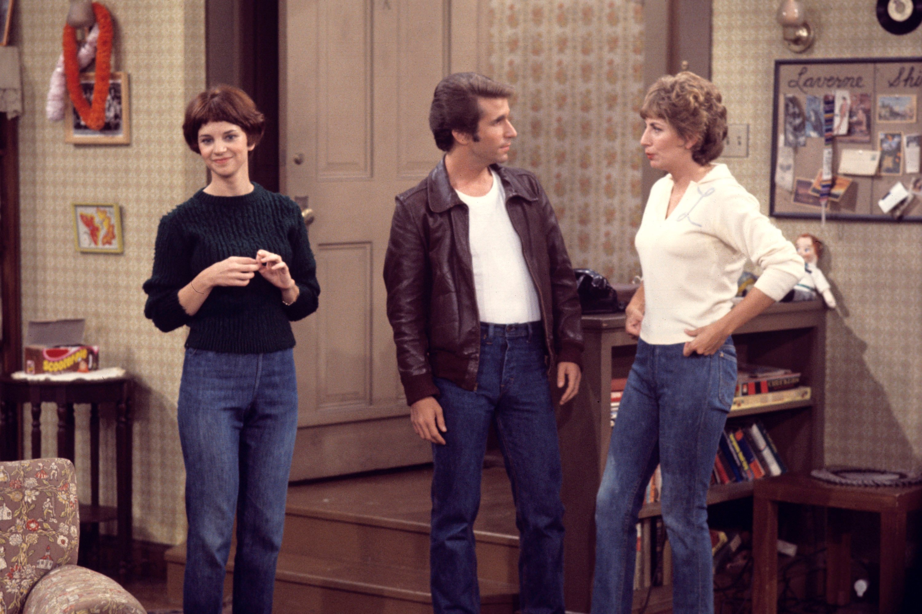 'Laverne & Shirley stars Shirley (Cindy Williams) and Laverne (Penny Marshall) babysit for Fonzie's (Henry Winkler from 'Happy Days') godson