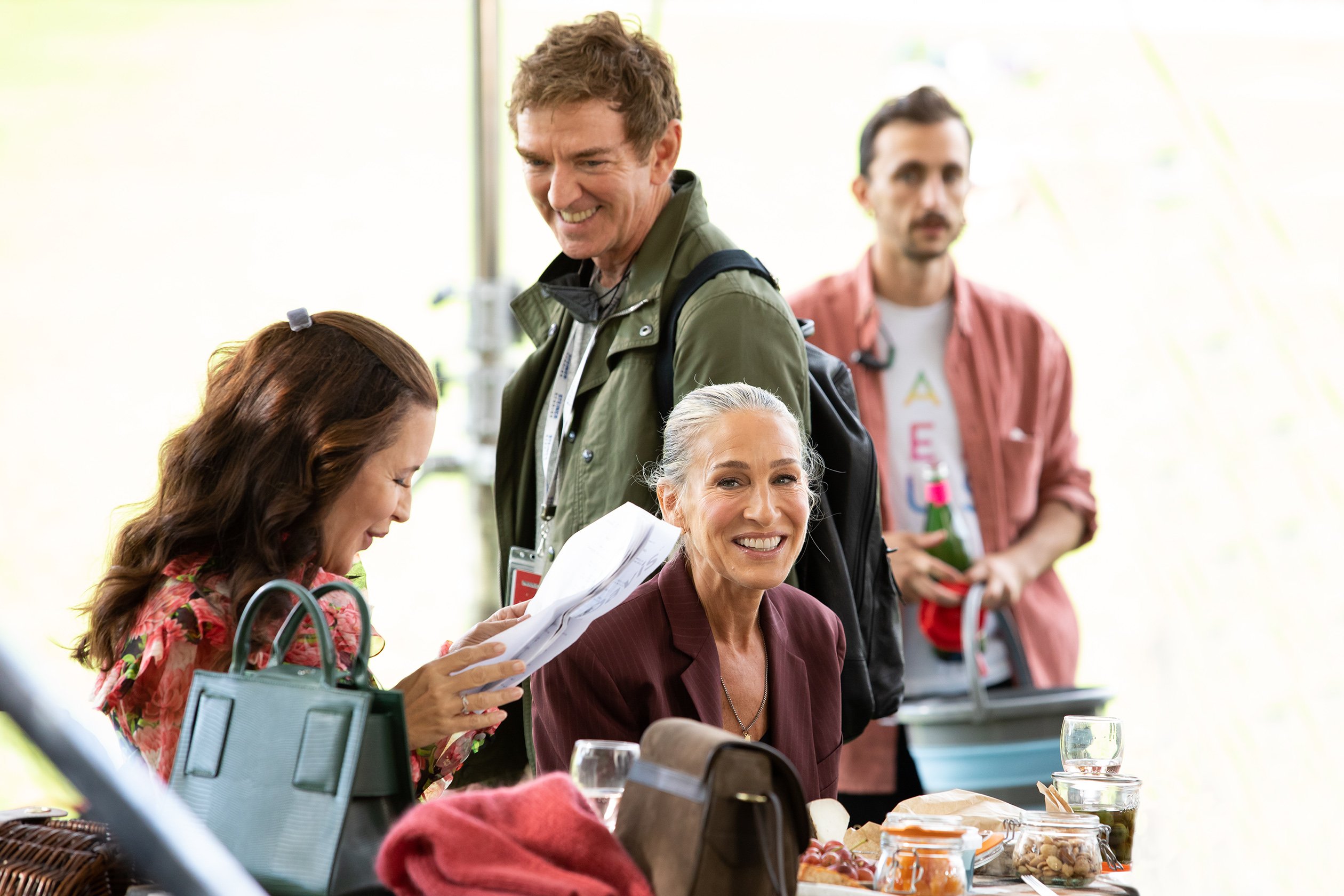 Kristin Davis, Sarah Jessica Parker and Michael Patrick King are seen on the set of 'And Just Like That...' the 'Sex and the City' reboot