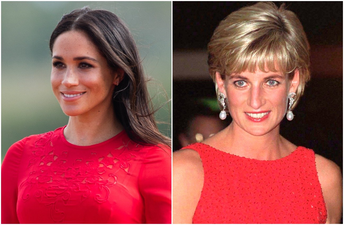 Meghan Markle wearing a red long sleeve dress, Princess Diana wearing a sleeveless red dress