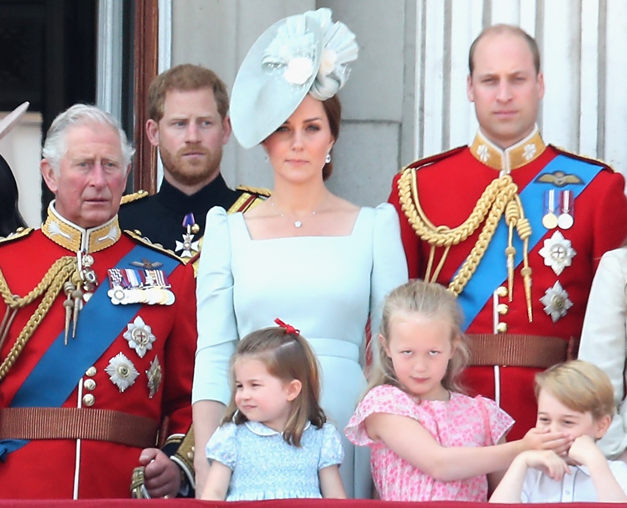 Members of the royal family watching the flypast on the balcony of Buckingham Palace during Trooping The Colour