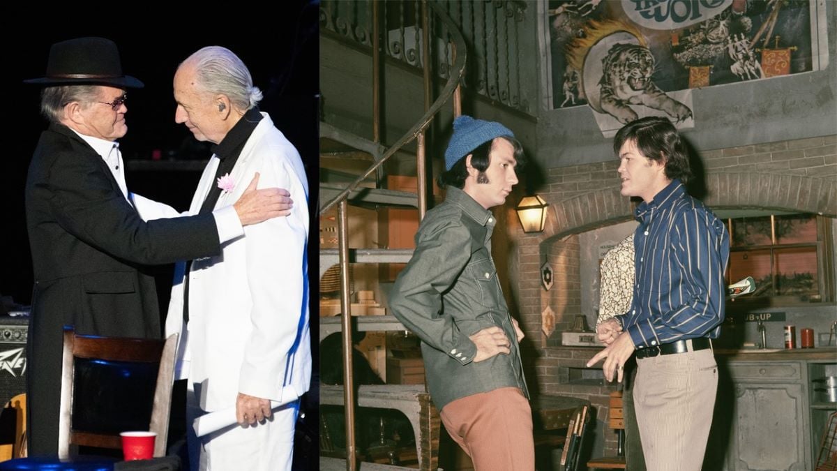 (L) Micky Dolenz in black pats Michael Nesmith, in white, on the arm; (R) Michael Nesmith in a blue wool hat with his hands on his hips and Micky Dolenz standing in front of him