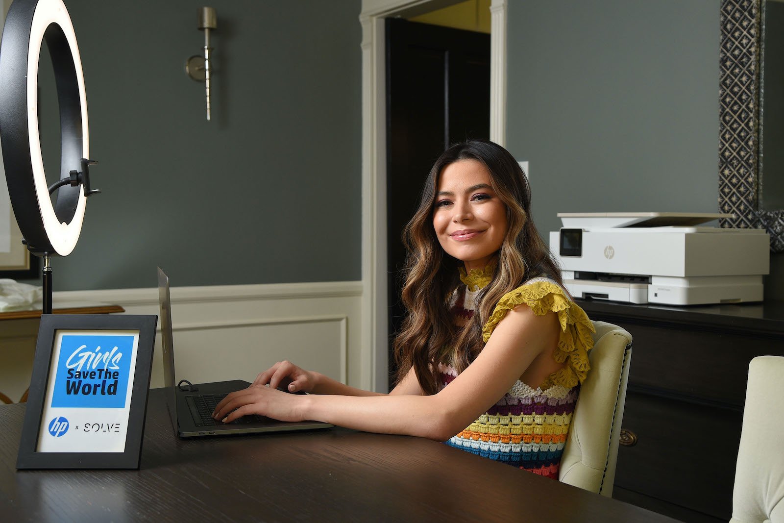 Miranda Cosgrove from iCarly rests up between interviews asking girls to take on climate change through HP’s Girls Save the World