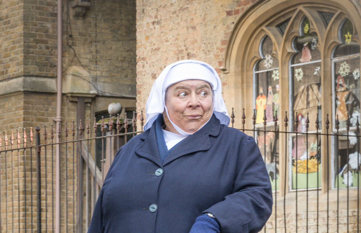 Mother Mildred, smiling and wearing a habit, in the 2021 'Call the Midwife' Christmas special