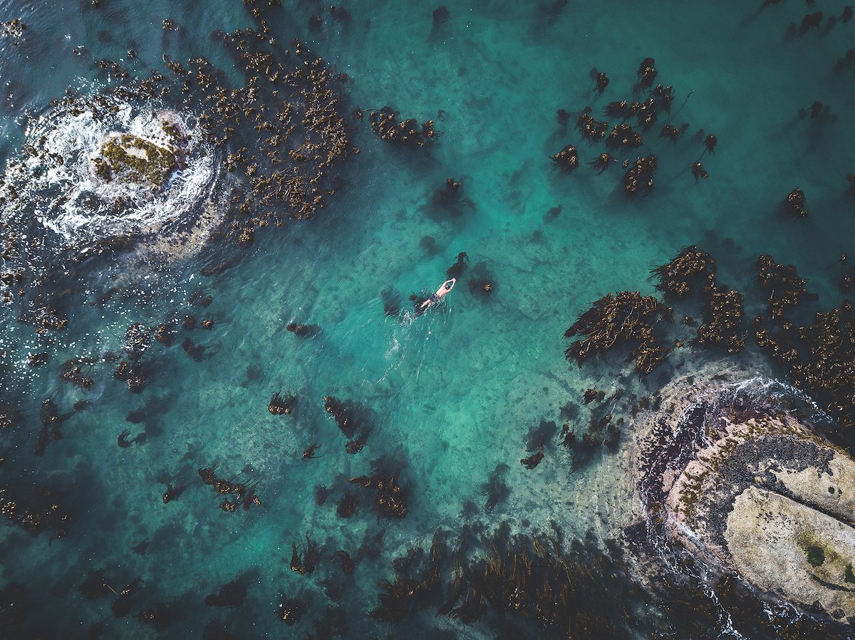 An aerial shot of a man swimming in a clear blue ocean