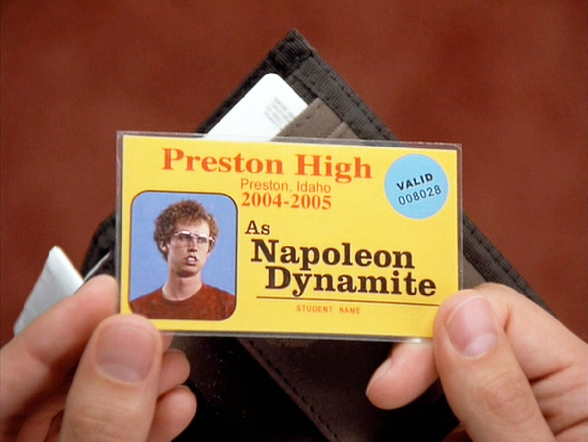 A yellow ID card in a scene from Jared Hess movie 'Napoleon Dynamite'