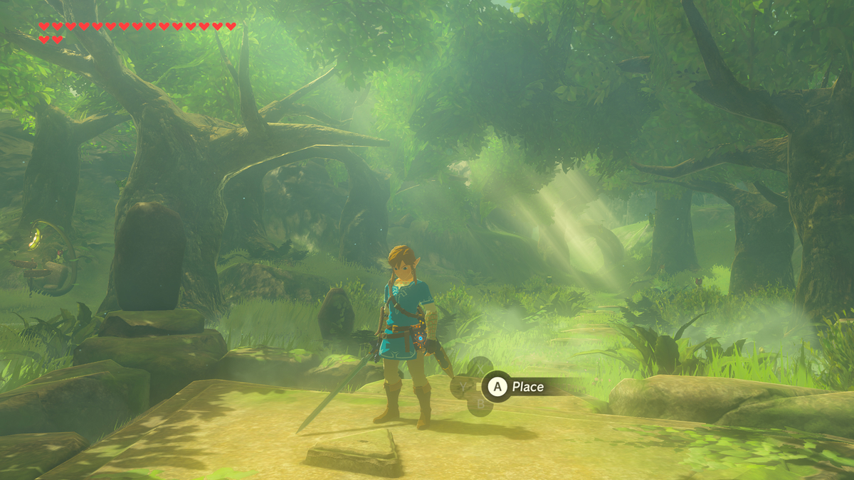 Link with the Master Sword in the Korok Forest in 'The Legend of Zelda: Breath of the Wild,' where 'BOTW' Korok Seed flowers can be found