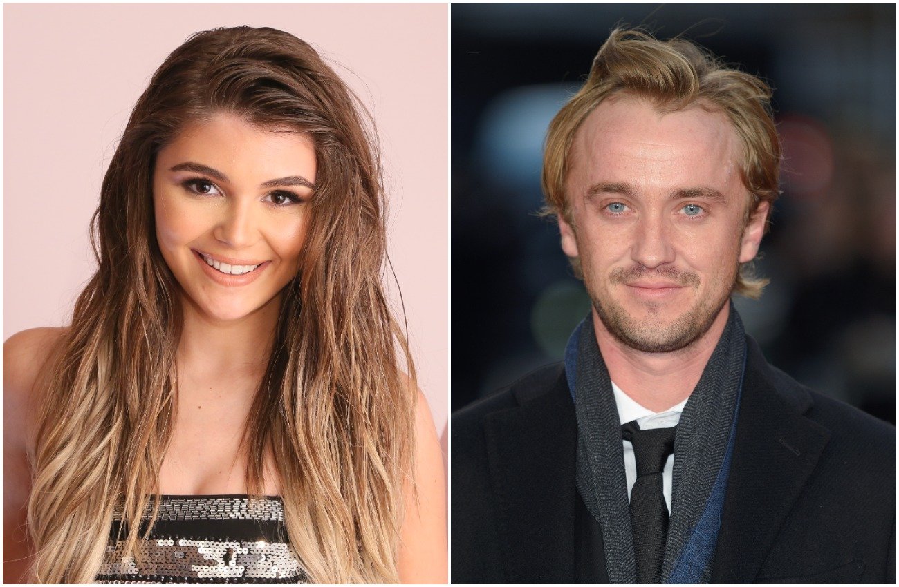 Olivia Jade in front of a pink background, Tom Felton in front of a dark background