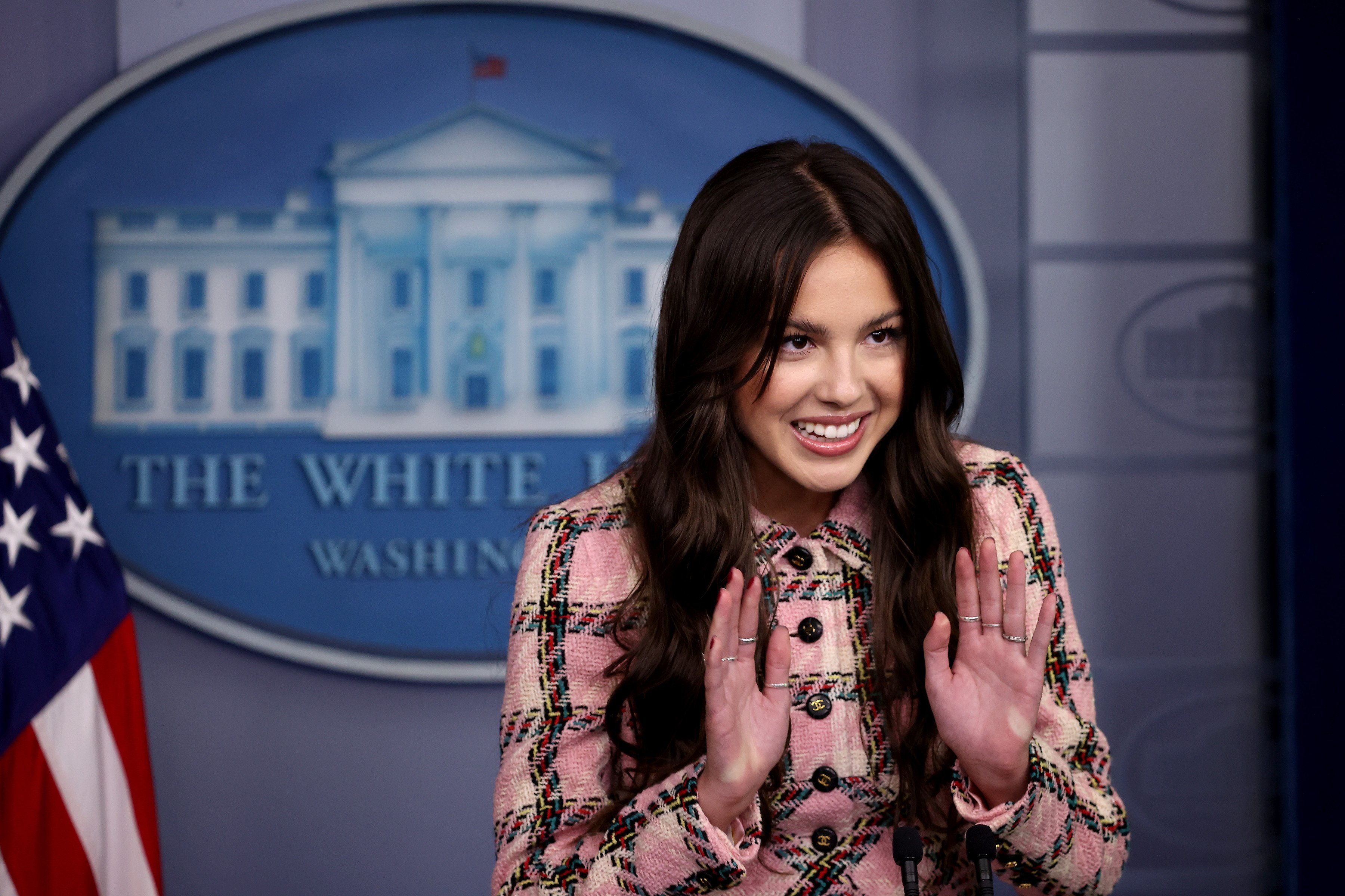 Pop music star and Disney actress Olivia Rodrigo makes a brief statement in the Brady Press Briefing Room at the White House