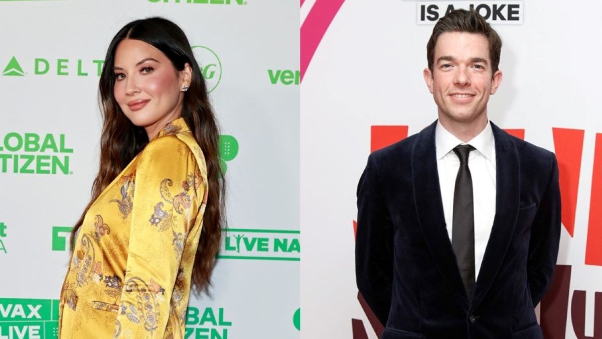 (L) Olivia Munn in a gold floral suit, standing turned to the side; (R) John Mulaney in a black suit jacket and tie