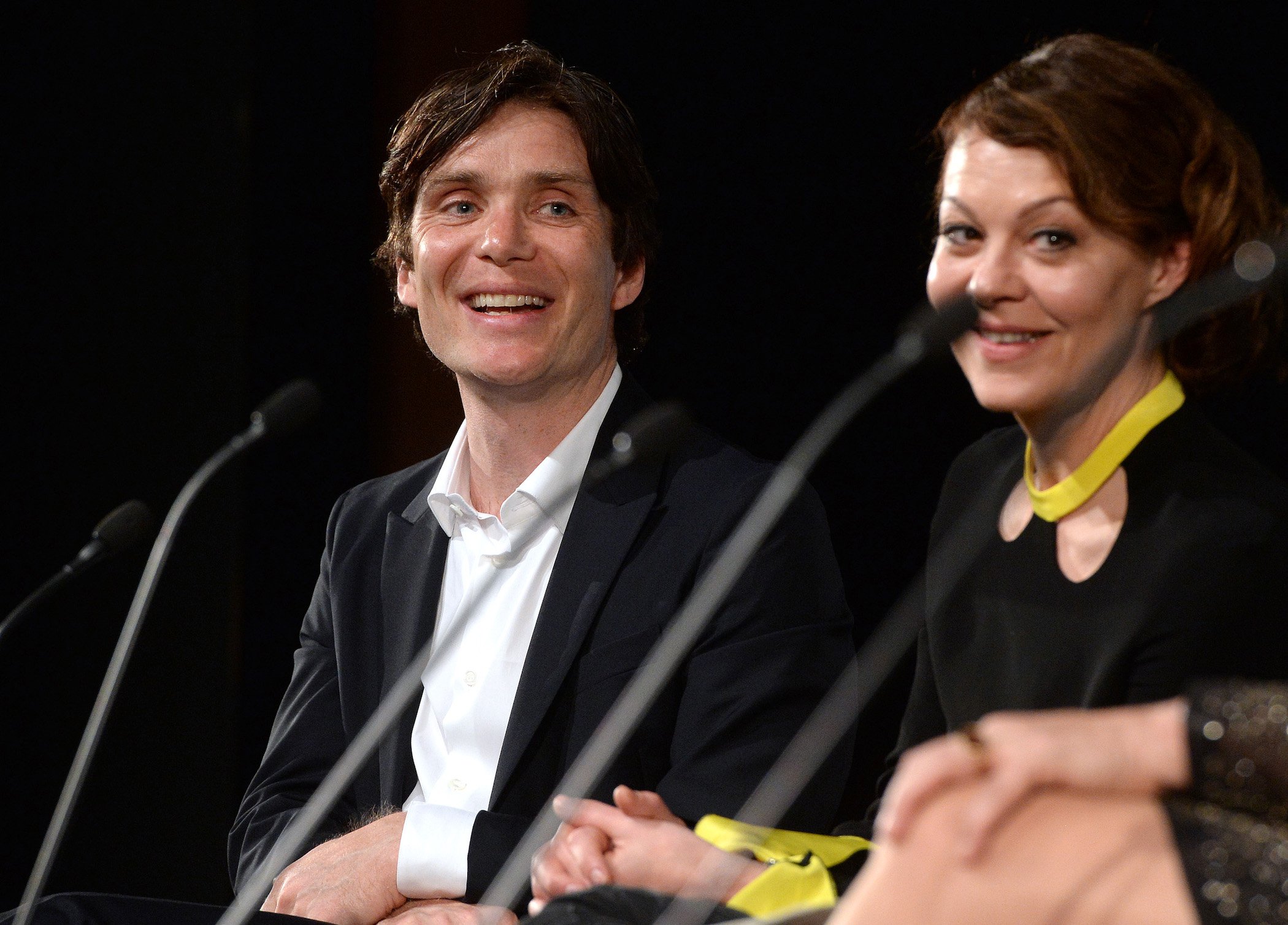 Cillian Murphy and Helen McCrory laughing at a 'Peaky Blinders' Q&A