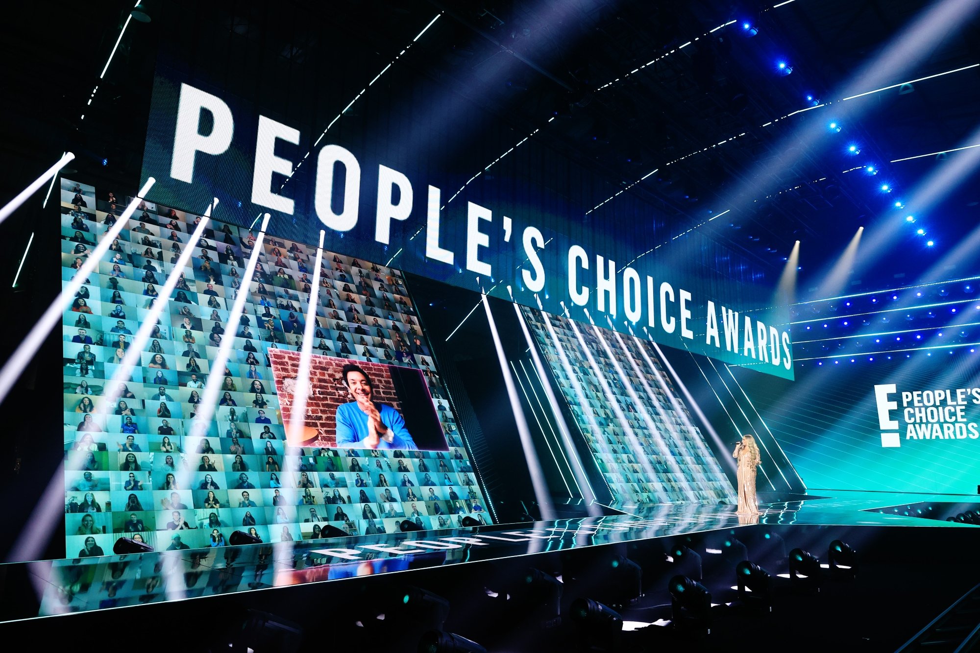 People's Choice Awards movie nominees picture including Jimmy Fallon and Demi Lovato on the stage in 2020