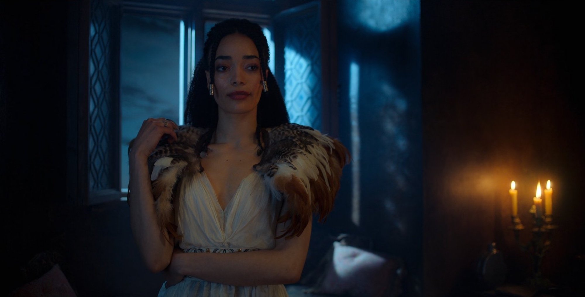 Philippa Eilhart, the owl in 'The Witcher' Season 2 wearing white feather dress.