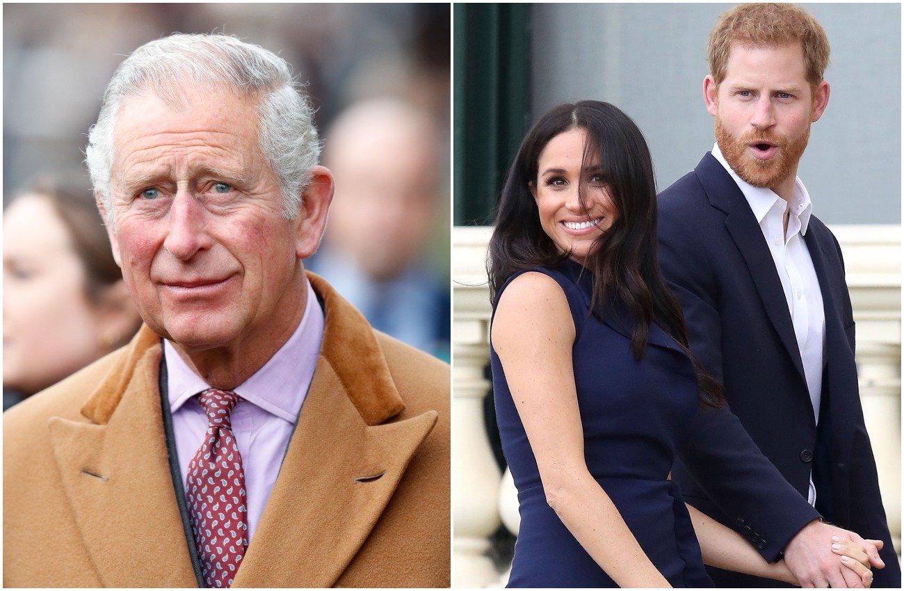 Photo of Prince Charles wearing a brown jacket next to photo of Meghan Markle and Prince Harry walking together and holding hands