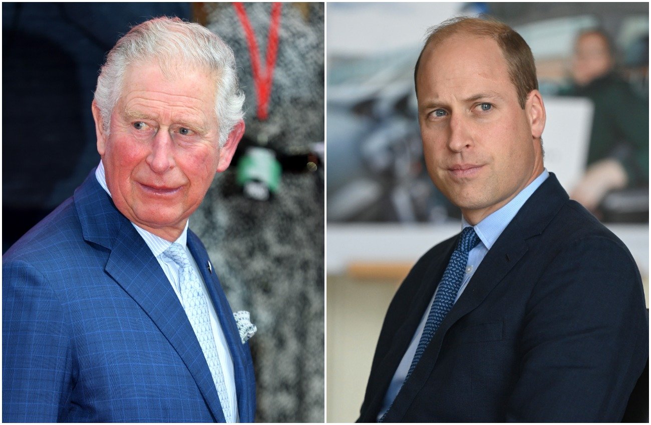 Prince Charles wearing a blue suit and looking to the left, Prince William wearing a black suit and looking to the right