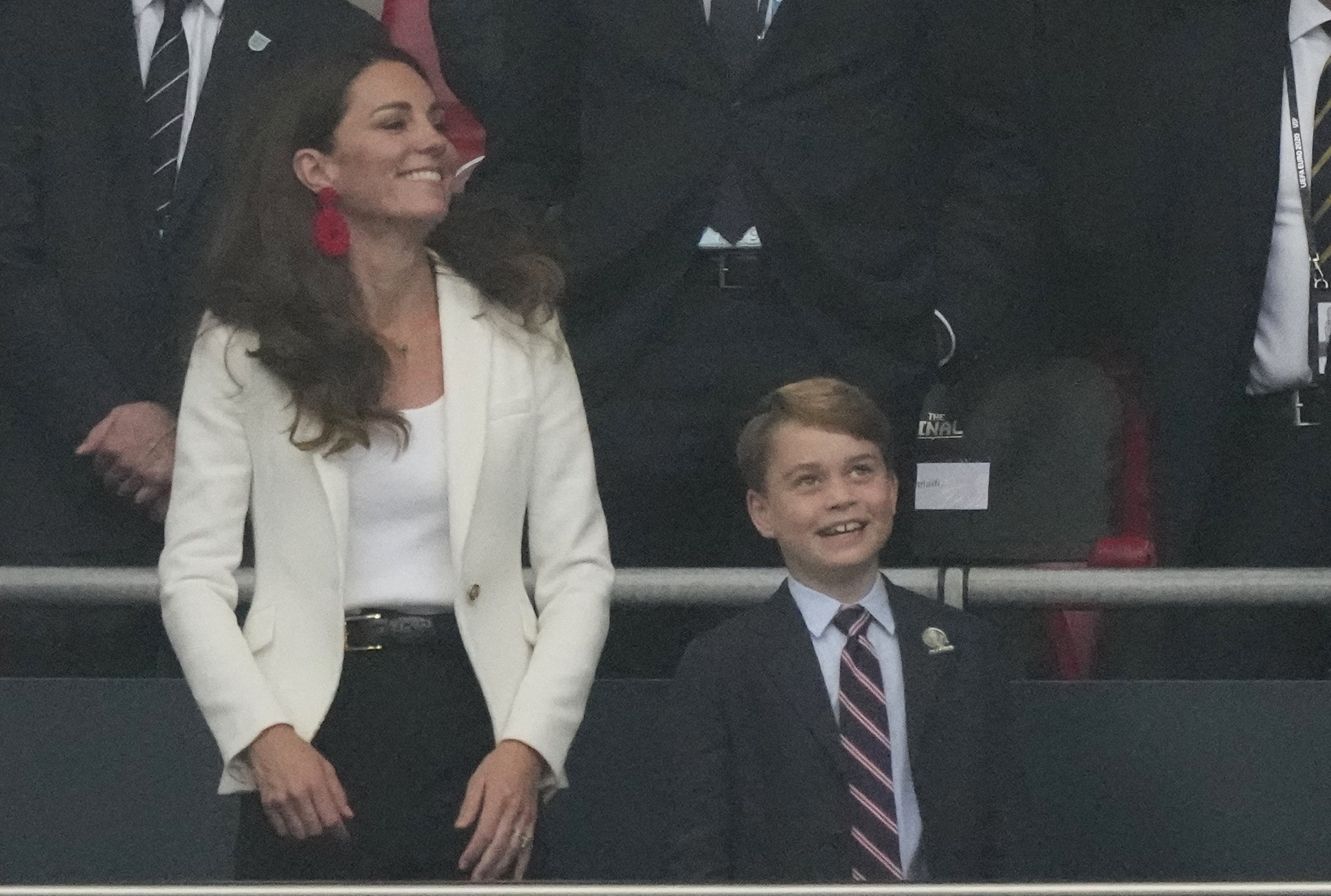 Prince George smiling alongside his mom, Kate Middleton, during the UEFA EURO 2020 final football match between Italy and England at the Wembley Stadium on July 11, 2021