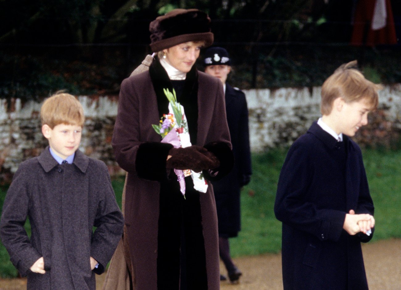 Prince Harry and Prince William walk next to Princess Diana on Christmas Day