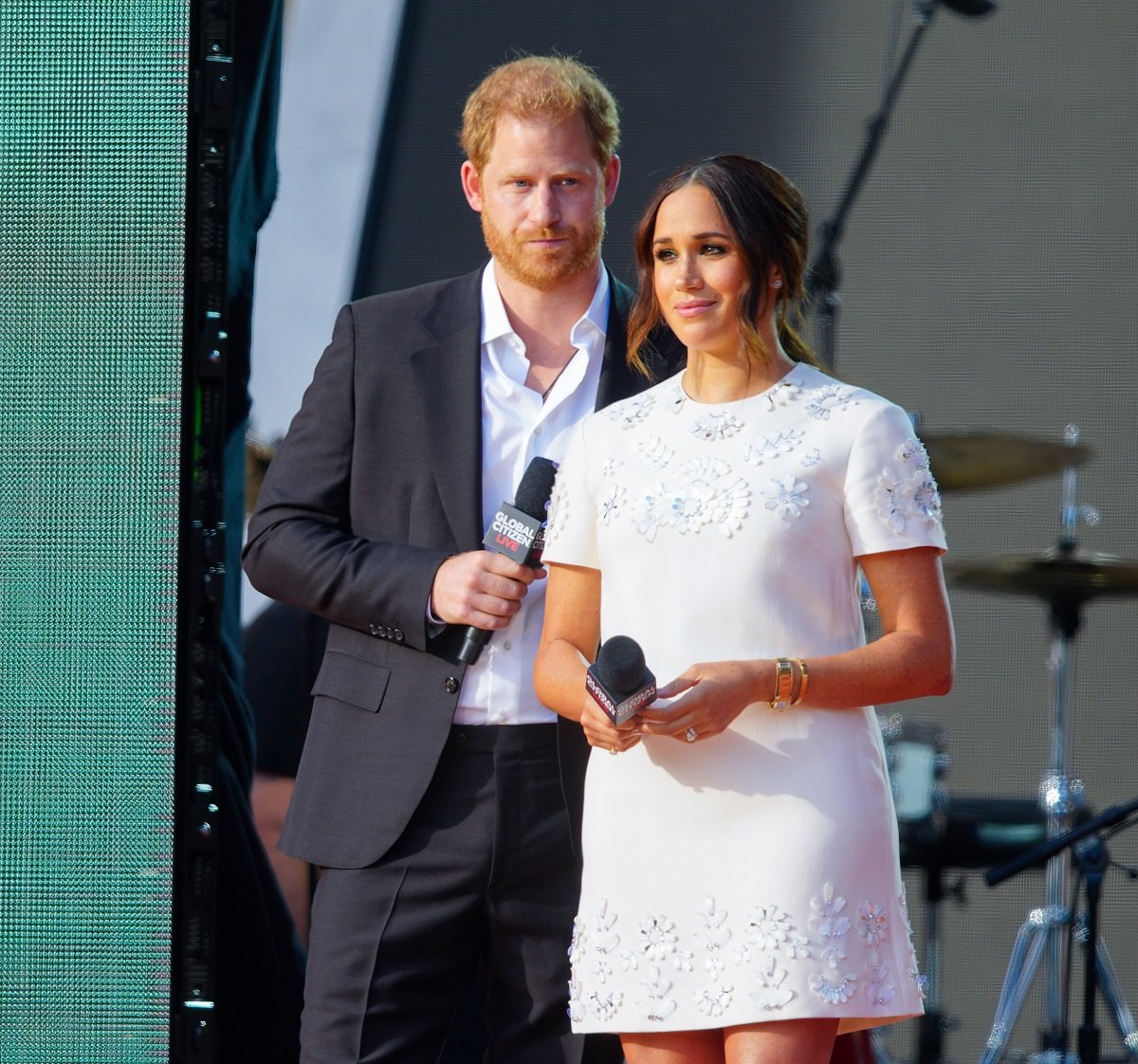 Prince Harry and Meghan Markle speaking on stage at Global Citizen Live in New York City