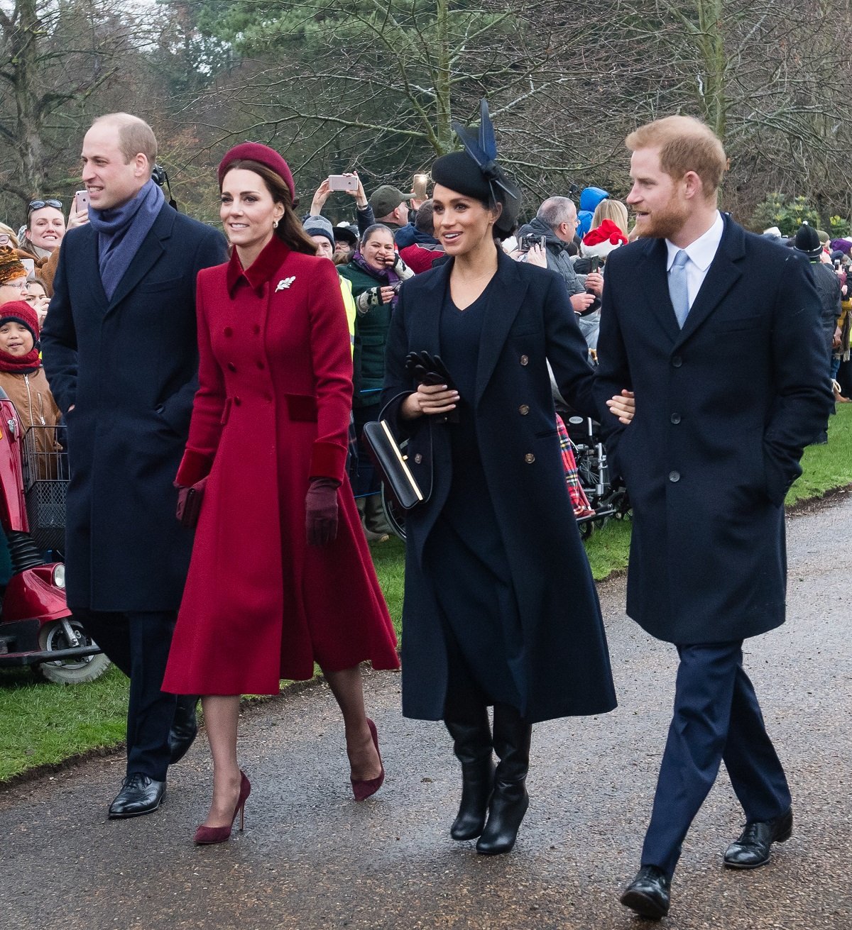 Prince William, Kate Middleton, Prince Harry, and Meghan Markle walking to Christmas Day church service