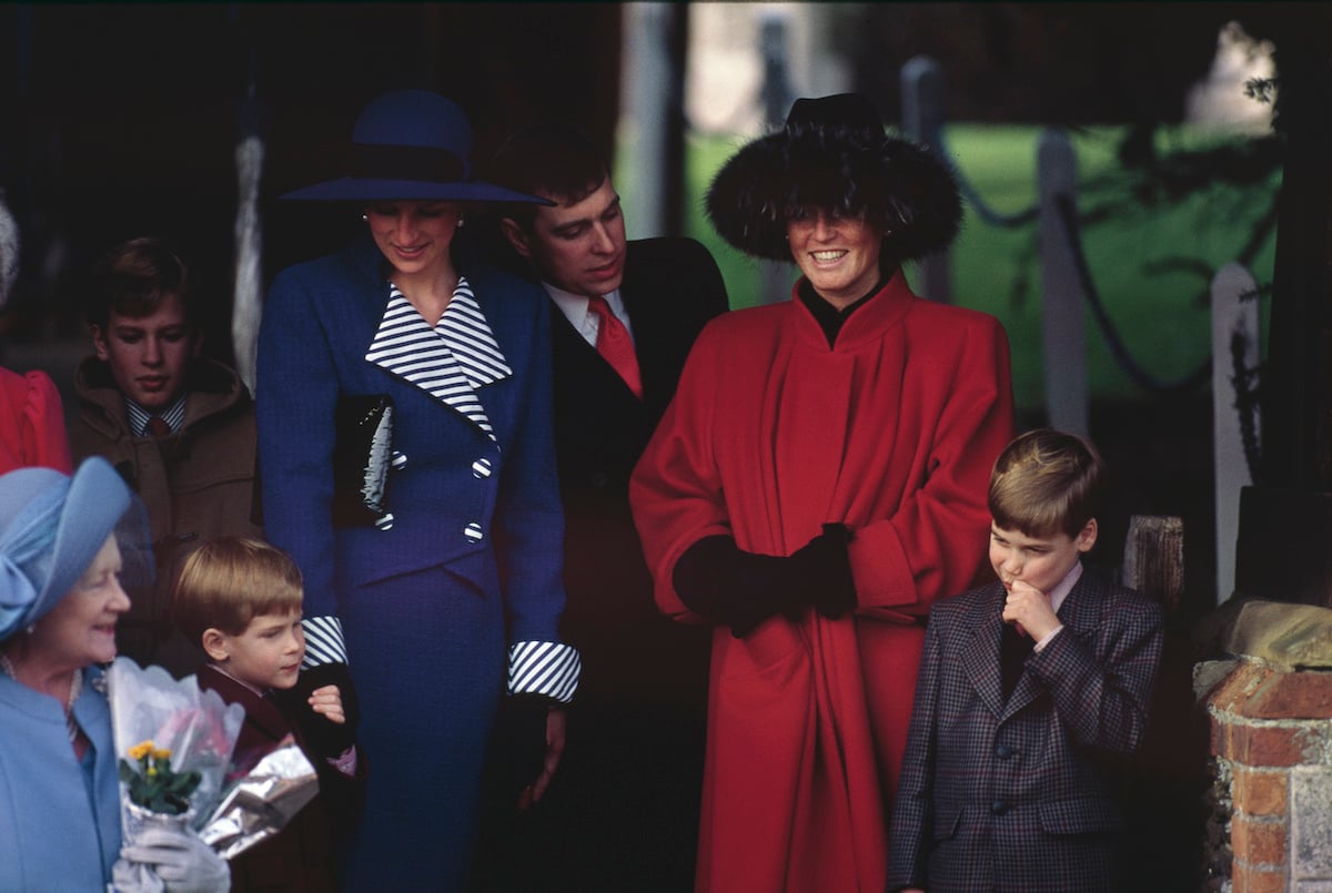 Peter Phillips, Prince Harry, Princess Diana, Prince Andrew, Duke of York, Sarah, Duchess of York, and Prince William attend the Christmas Day service at St. Mary Magdalene Church on December 25, 1990