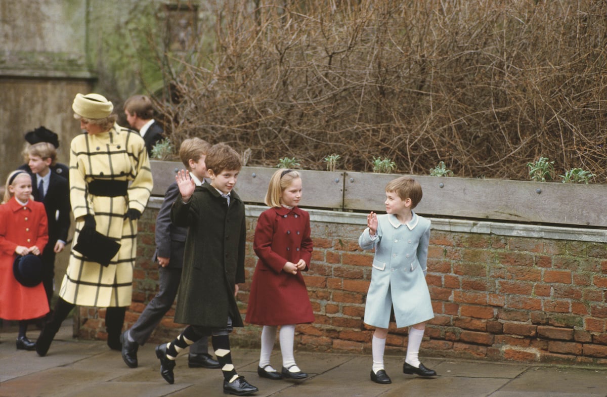 Princess Diana leaves St. George's Chapel with Lady Rose Windsor, Lord Frederick Windsor, Peter and Zara Phillips, and Prince William on Christmas Day, 1987