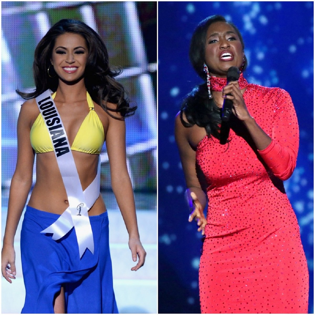 (R): Miss Louisiana 2012 Kristen Girault smiling on stage during the swimsuit competition, (L): Miss District of Columbia 2017 Briana Kinsey participating in Talent showcase during Miss America