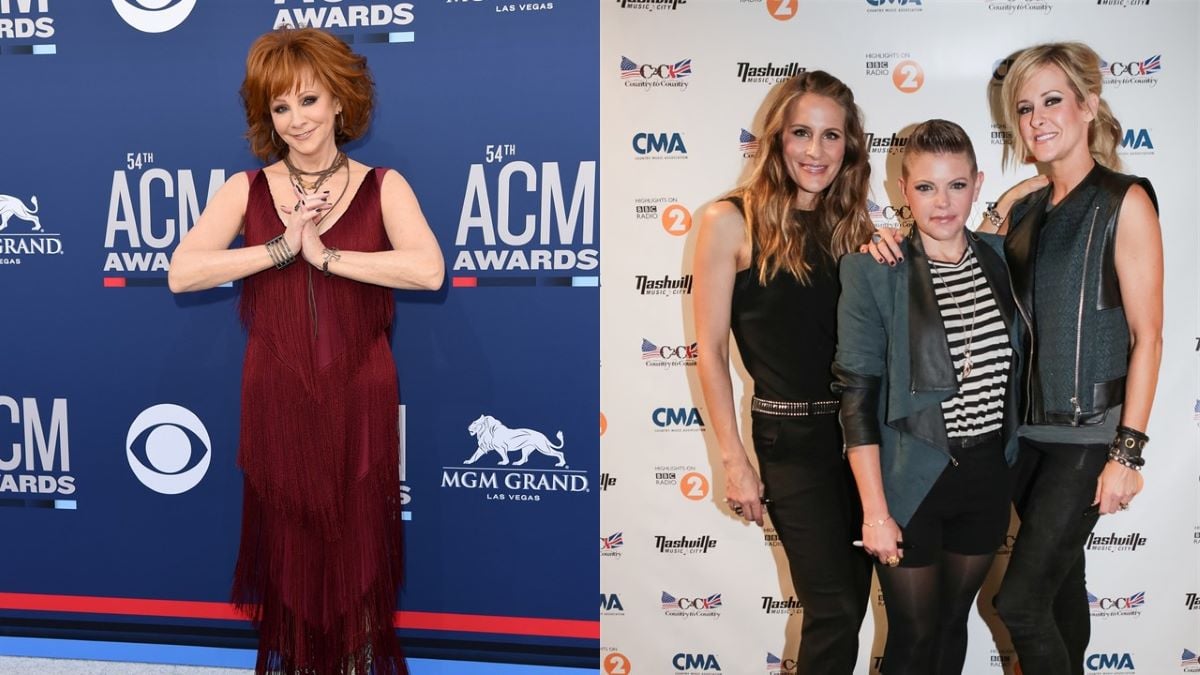 (L) Reba McEntire clasps her hands together and smiles, wearing a red dress; (R) Martie Maguire, Natalie Maines and Emily Robison (l-r) of The Chicks stand close together