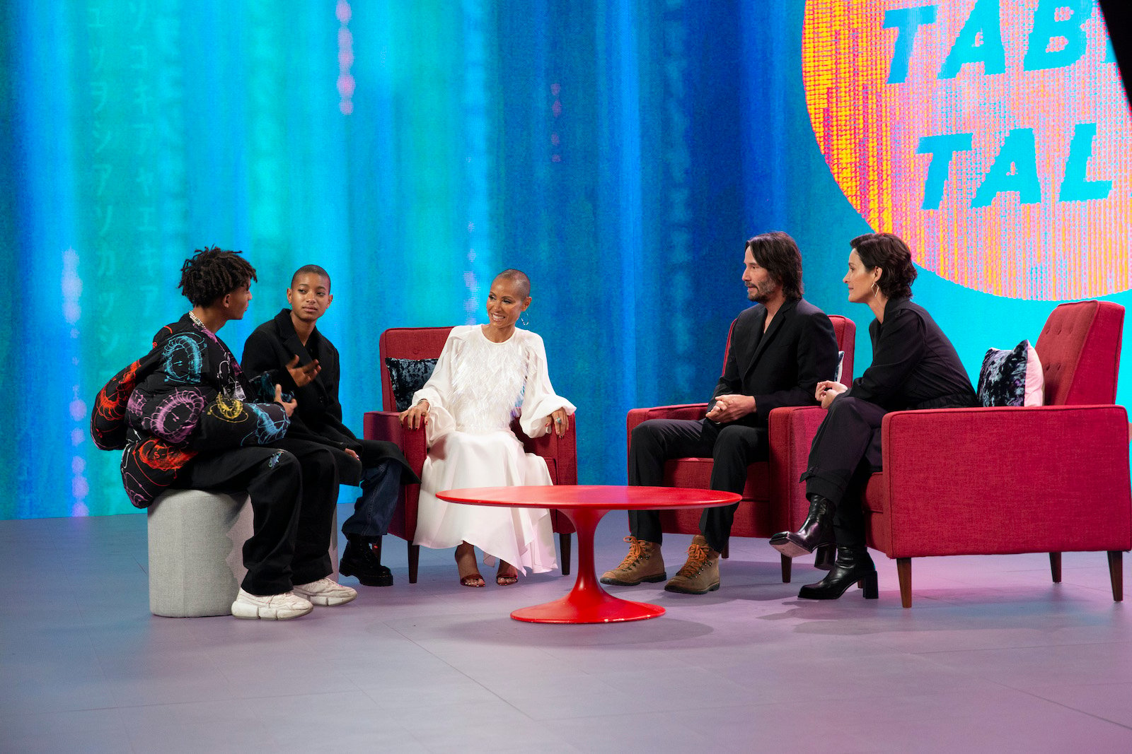 Keanu Reeves, Carrie-Ann Moss, Jada Pinkett Smith, Willow Smith, and Jaden Smith during Red Table Talk discussion