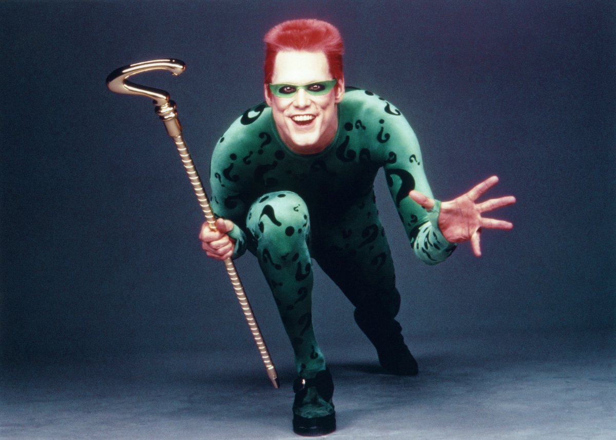 Jim Carrey dressed in a green bodysuit as the Riddler from 'Batman Forever'