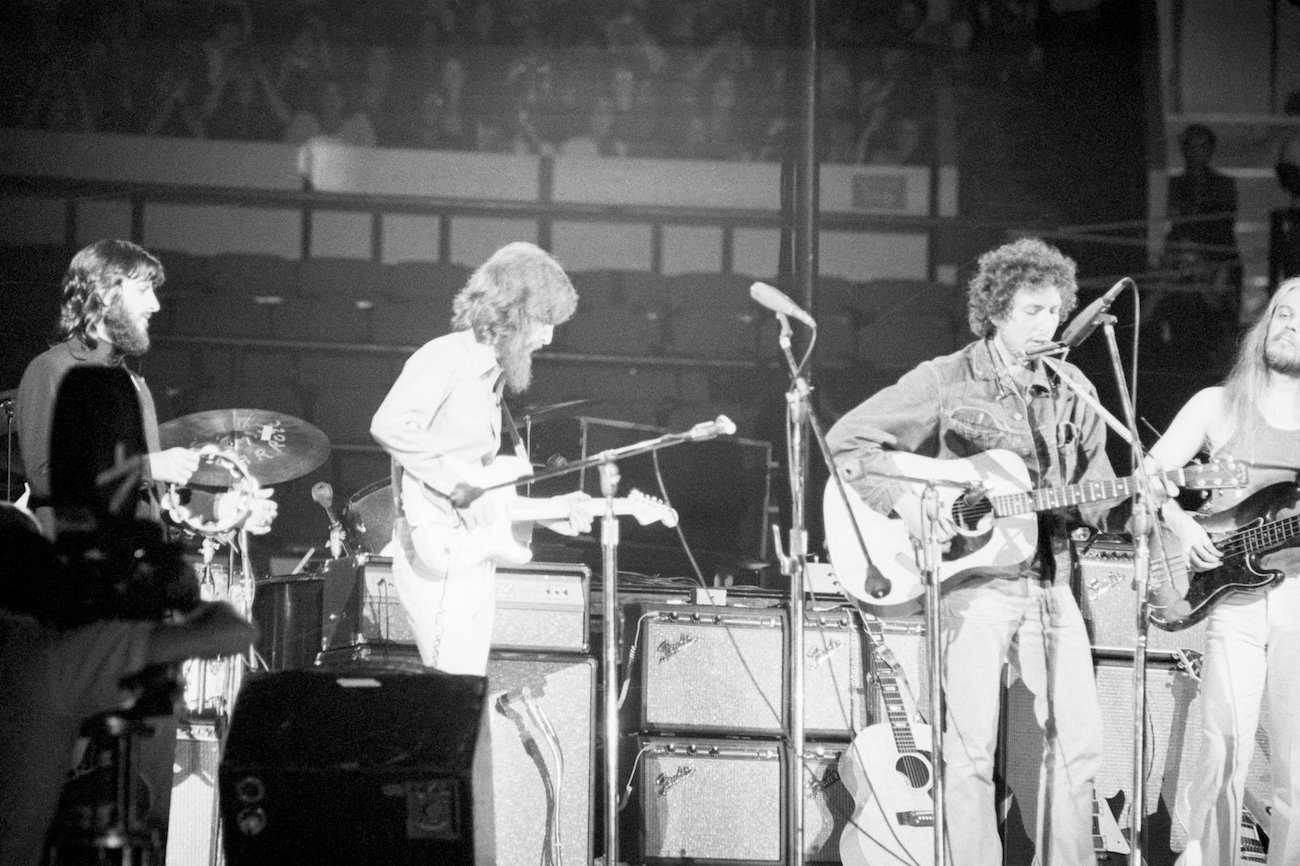 Former Beatles Ringo Starr and George Harrison performing with Bob Dylan during the Concert for Bangladesh in 1971.