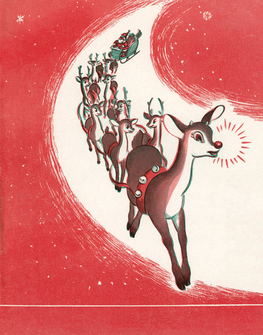Illustration of Rudolph the Red-Nosed Reindeer leading Santa Claus's sleigh on Christmas Eve, 1949