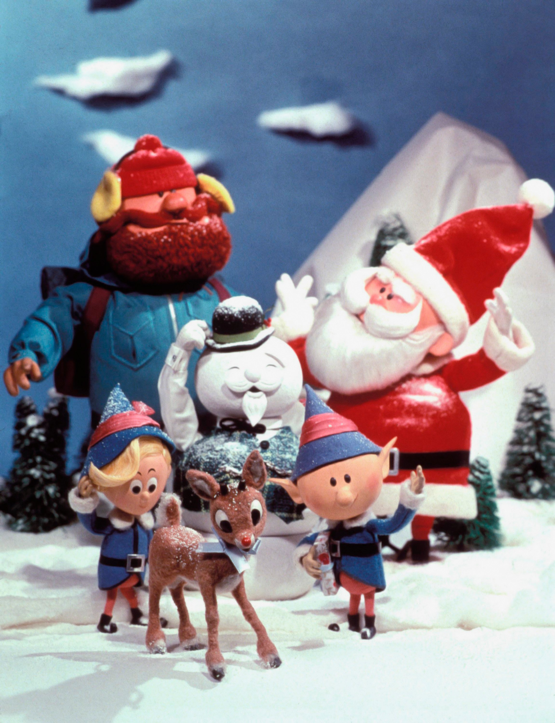 'Rudolph the Red-Nosed Reindeer' characters Rudolph, Hermey, Yukon Cornelius, Snowman, and Santa.