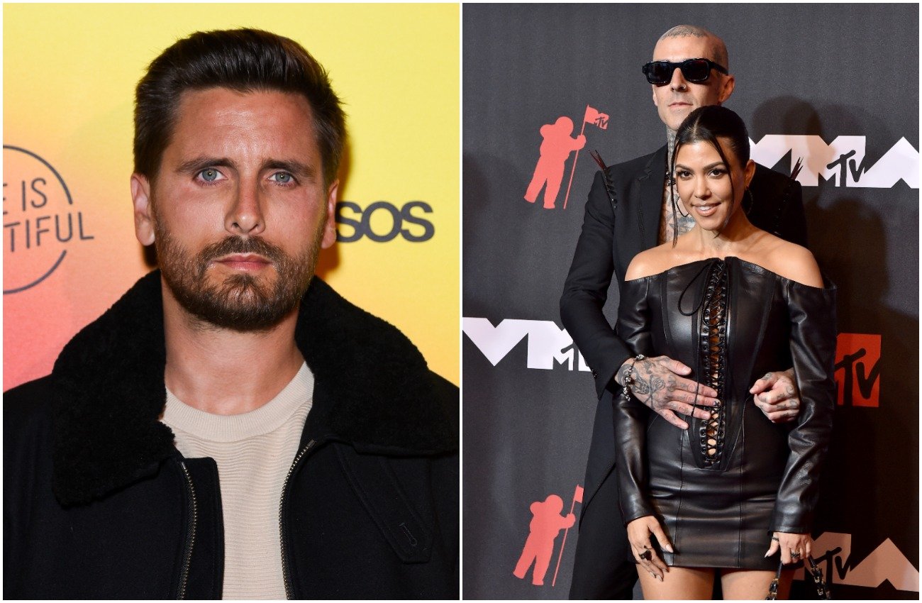 Scott Disick in front of a yellow background, Travis Barker hugging Kourtney Kardashian in front of a dark background