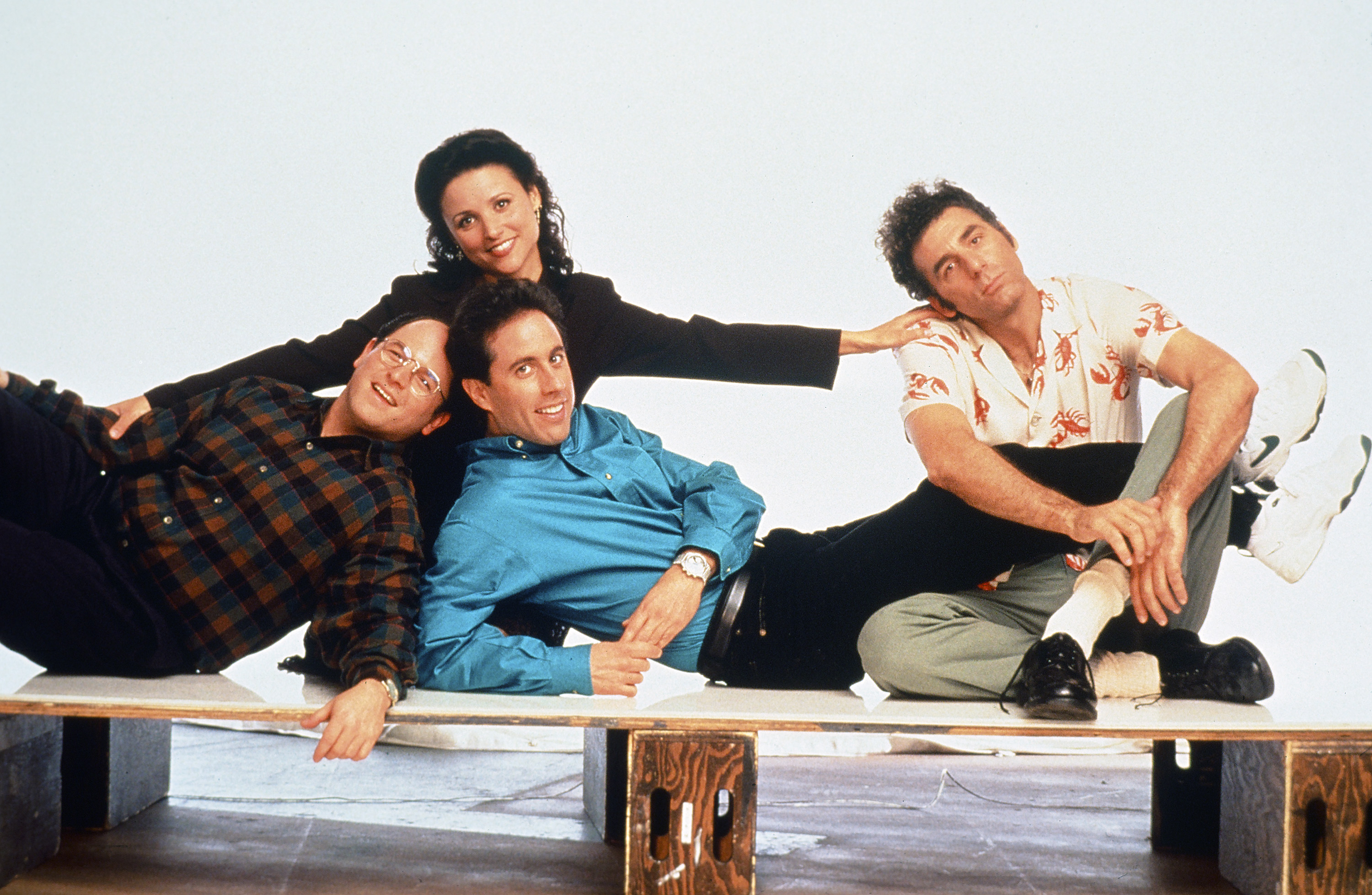 The cast of 'Seinfeld' pose for promotional photos ahead of the season 6 premiere. Season 6 contains one of the best 'Seinfeld' Christmas epsiodes produced.