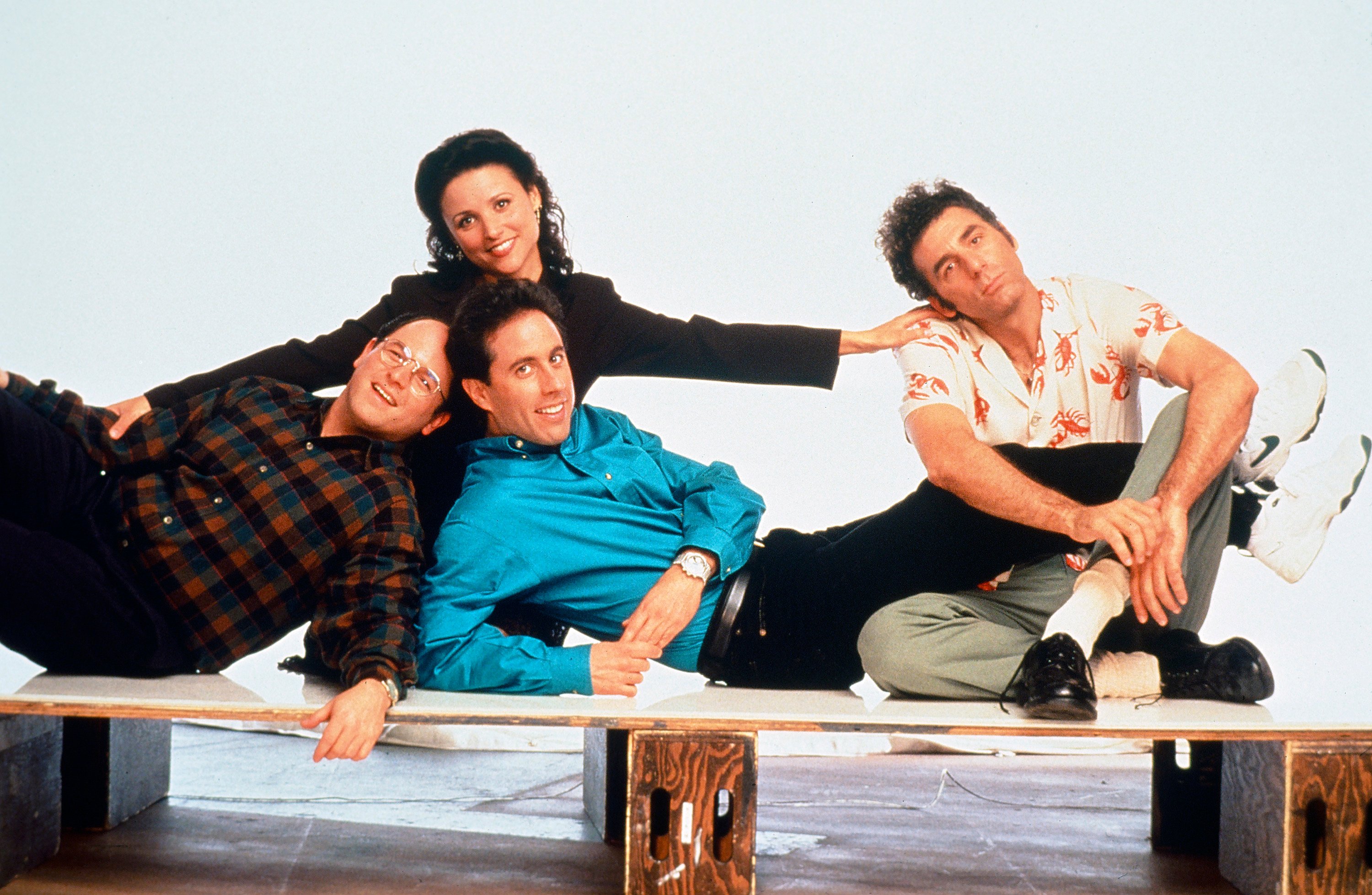 The cast of 'Seinfeld' pose for promotional photos ahead of the season 6 premiere. Season 6 contains one of the best 'Seinfeld' Christmas epsiodes produced.