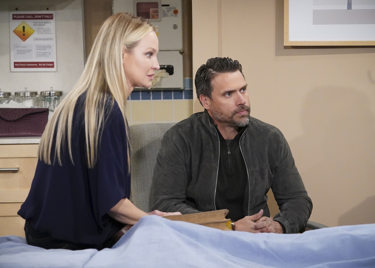 'The Young and the Restless' actors Sharon Case and Joshua Morrow in a hospital scene.