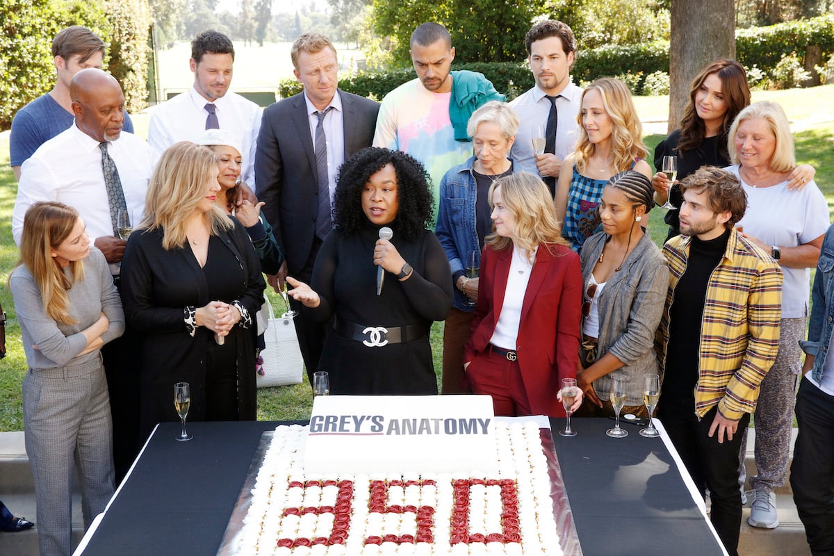 The stars and executive producers of ABC's "Grey's Anatomy," including Shonda Rhimes, along with President of ABC Entertainment, Karey Burke, celebrate the taping of the 350th episode with a cake-cutting ceremony in Los Angeles in 2019