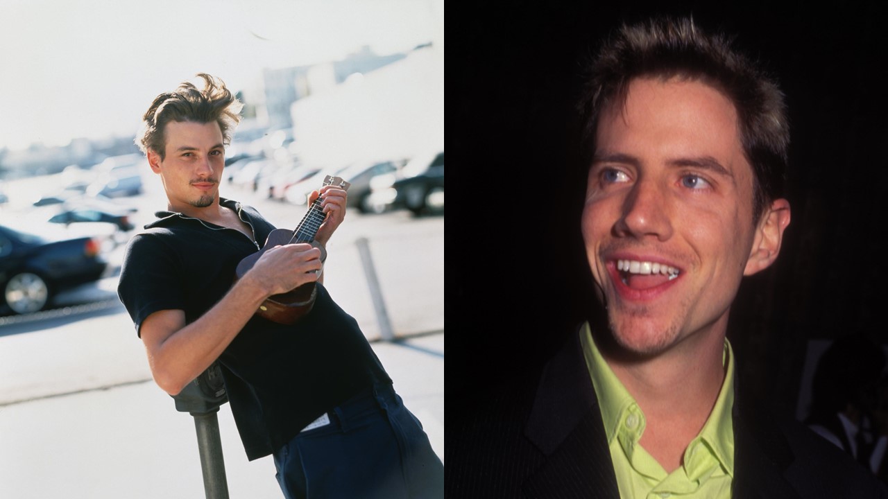(L) Skeet Ulrich c. 1996 playing a ukulele; (R) Jamie Kennedy close-up and smiling, c.1996