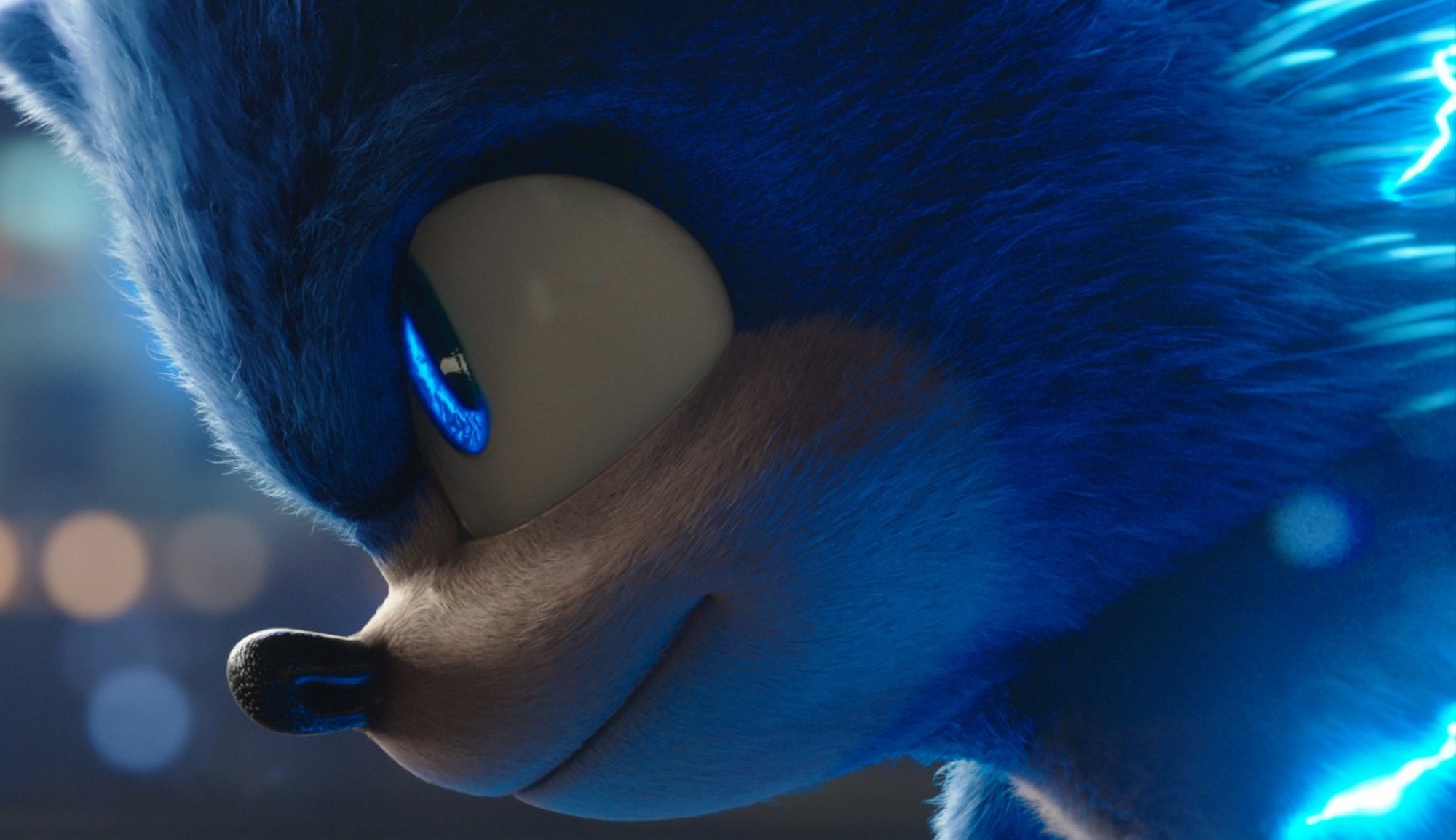 A close-up shot of Sonic the Hedgehog running in Paramount Pictures' 'Sonic the Hedgehog' movie