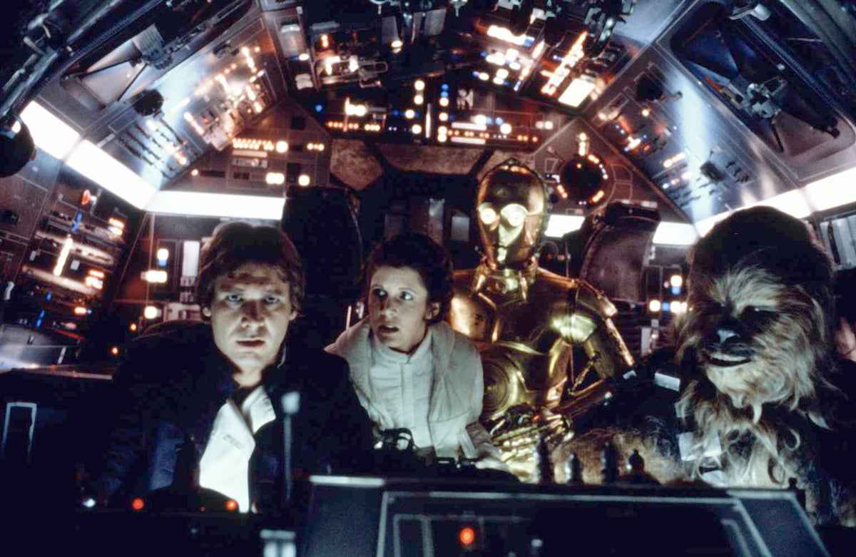 Harrison Ford, Carrie Fisher, Anthony Daniels and Peter Mayhew in a scene from 'Star Wars: The Empire Strikes Back'