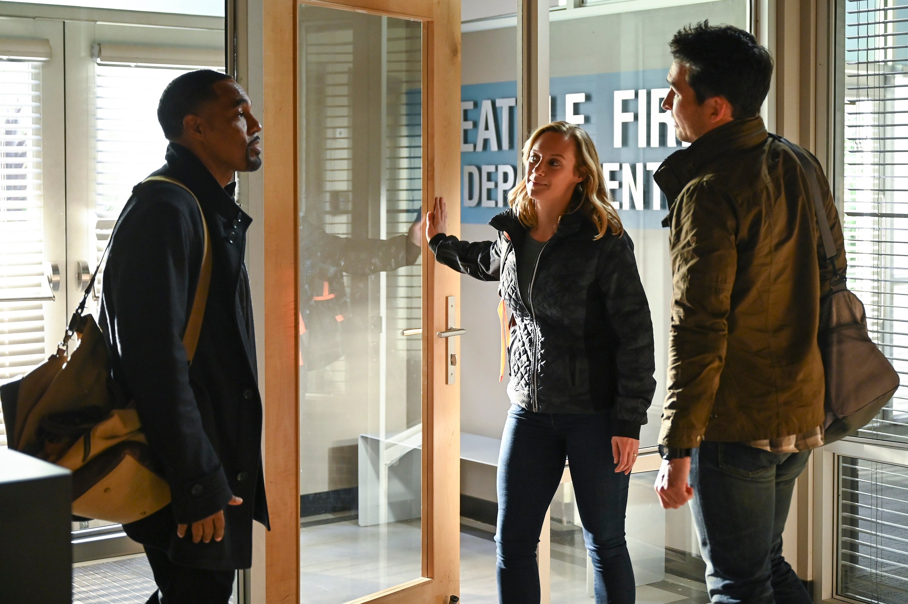 'Station 19' Jason George, Danielle Savre and Jay Hayden acting as Ben, Maya, and Travis