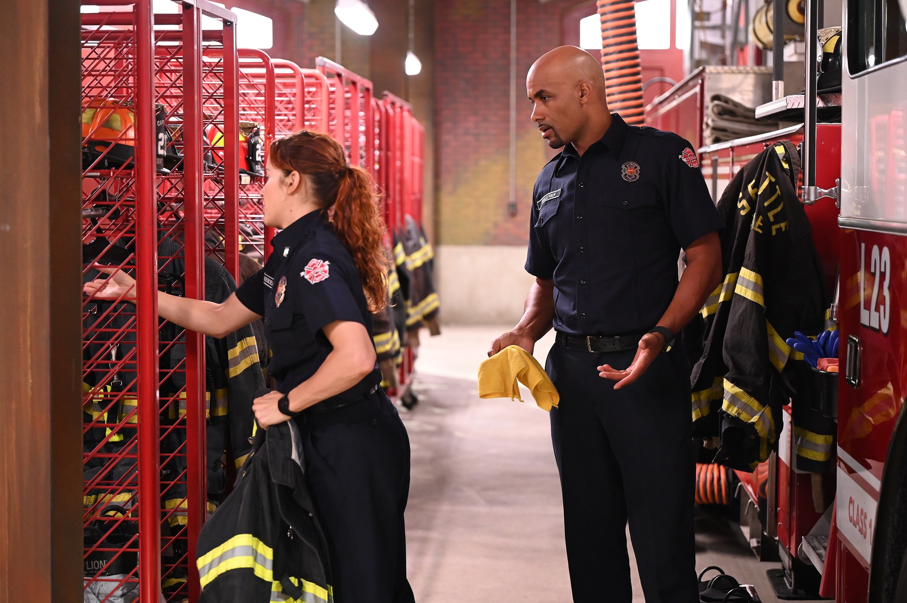 'Station 19' Jaina Lee Ortiz and Boris Kodjoe acting as Andy and Sullivan