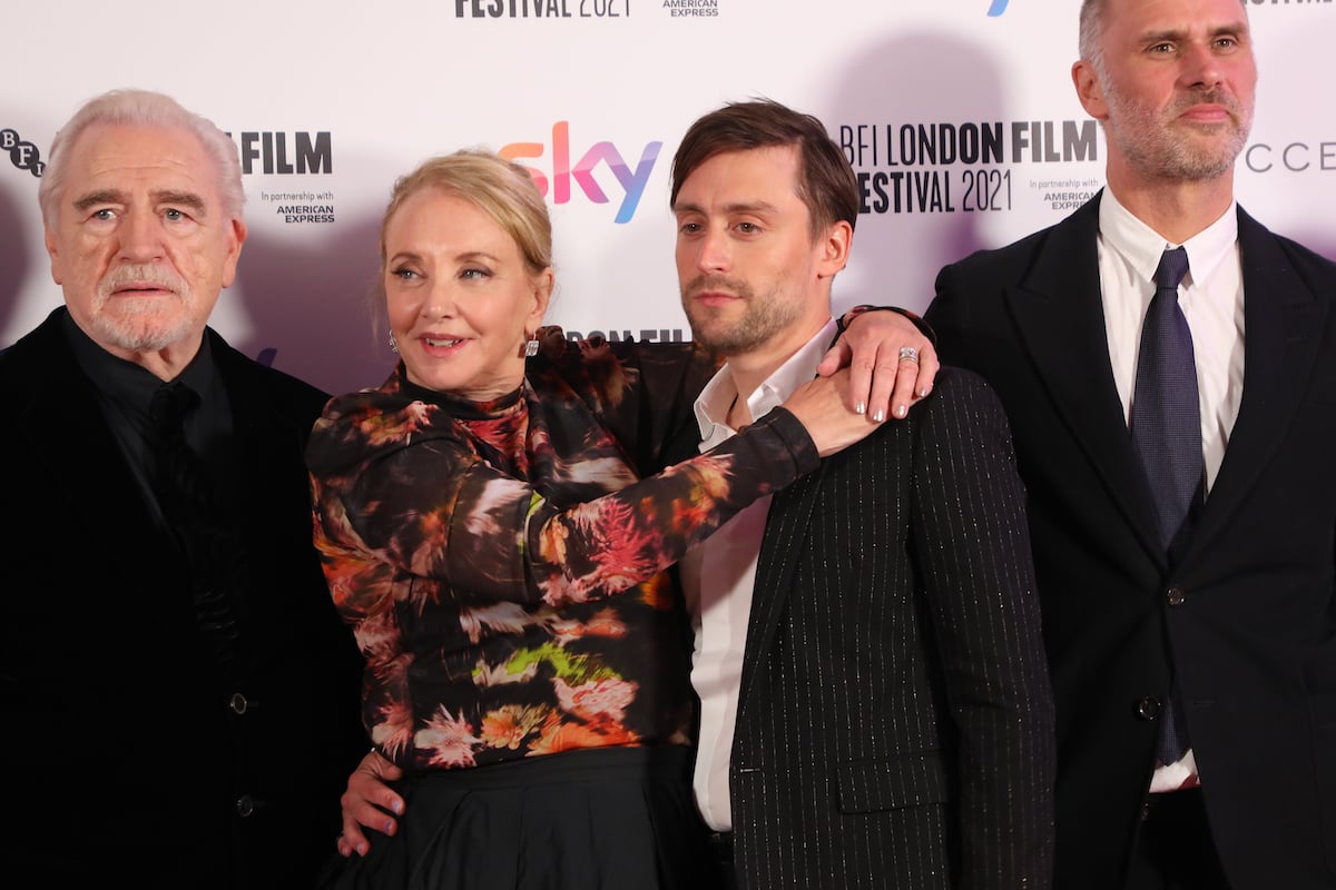 Brian Cox, J. Smith Cameron, Kieran Culkin, and Jesse Armstrong pose for cameras at a 'Succession' premiere