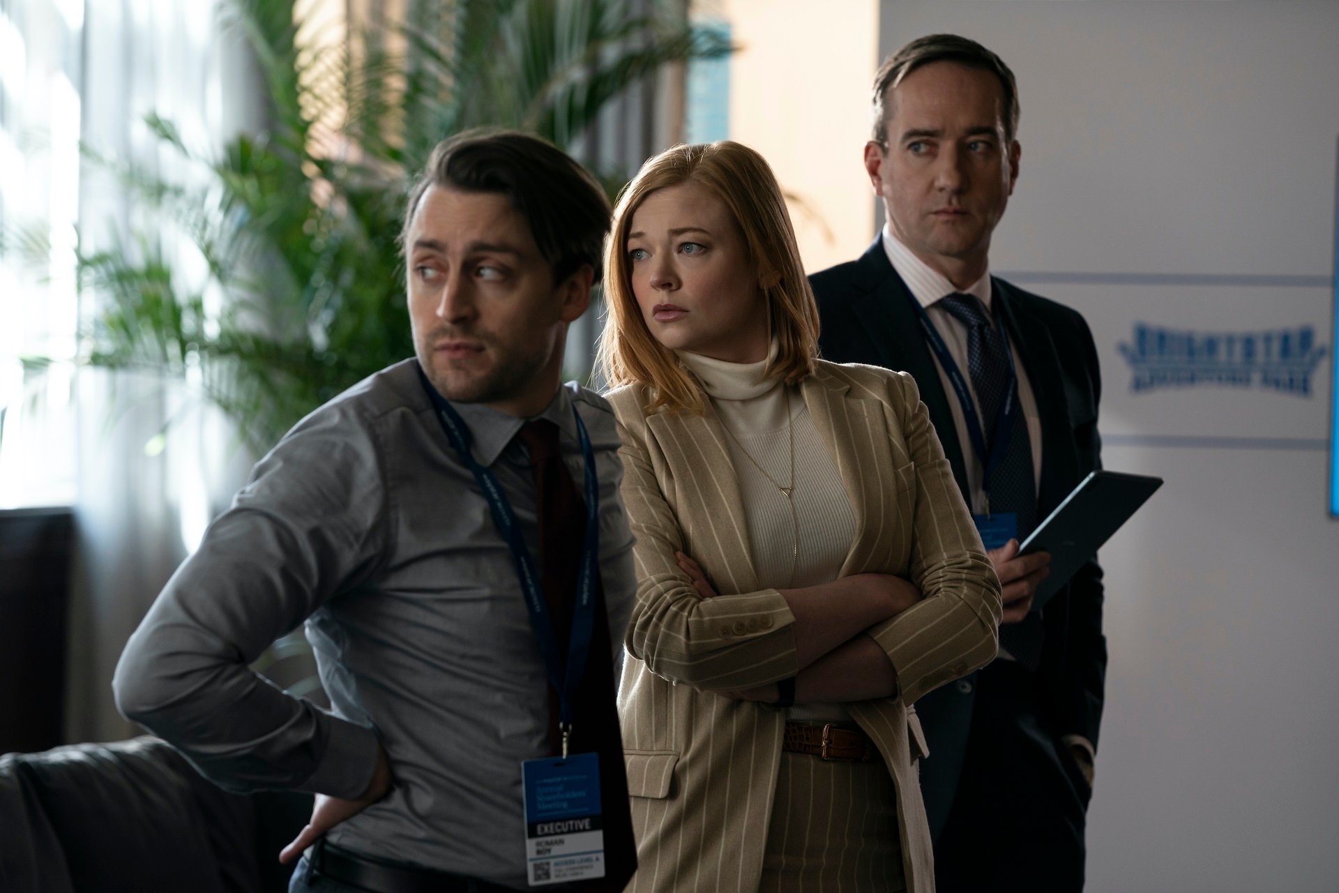 Kieran Culkin, Sarah Snook and Matthew Macfadyen in 'Succession' looking at something in the distance as Roman, Shiv, and Tom