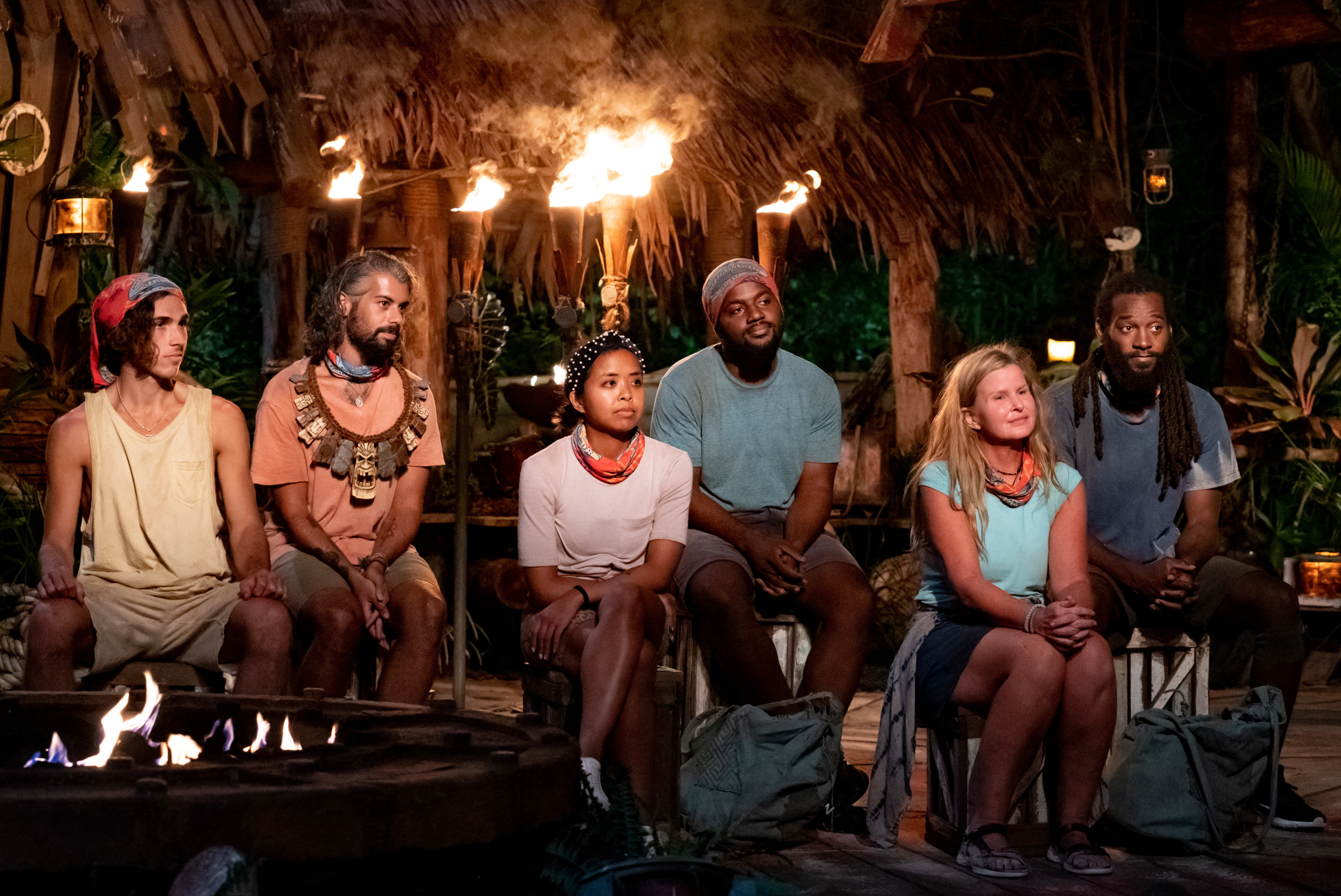 'Survivor' Season 41 castaways Xander Hastings, Ricard Foye, Erika Casupanan, Deshawn Radden, Heather Aldret, and Danny McCray gather at Tribal Council. All of them will be a part of the 'Survivor' Season 41 reunion show.