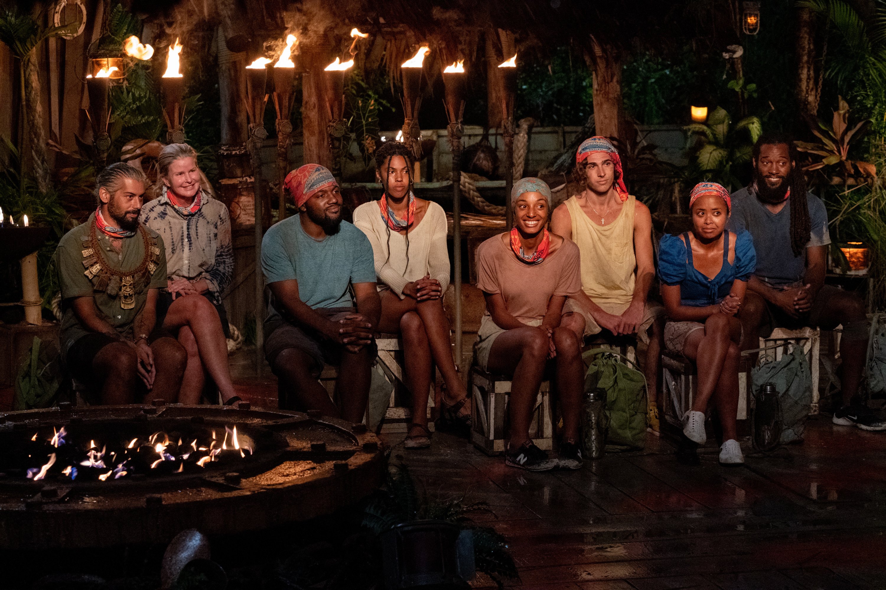 'Survivor' Season 41 castaways Ricard Foye, Heather Aldret, Deshawn Radden, Liana Wallace, Shantel Smith, Xander Hastings, Erika Casupanan, and Danny McCray sit down for Tribal Council. Ricard has the immunity necklace.  'Survivor' Season 41 spoilers may indicate a clear winner.