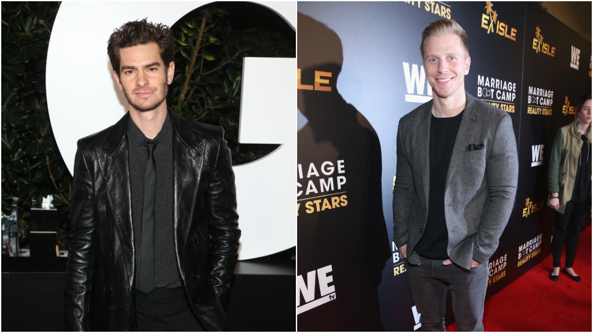 Andrew Garfield at a red carpet event and The Bachelor Sean Lowe at another event 