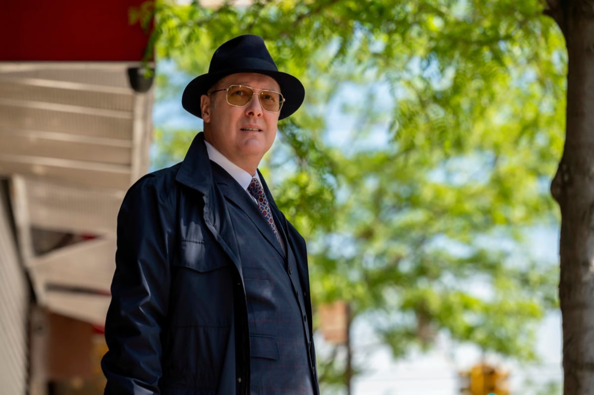 Who knows Red's identity in The Blacklist Season 9? James Spader as Red wears a hat, suit and tie, and sunglasses and stands outside.