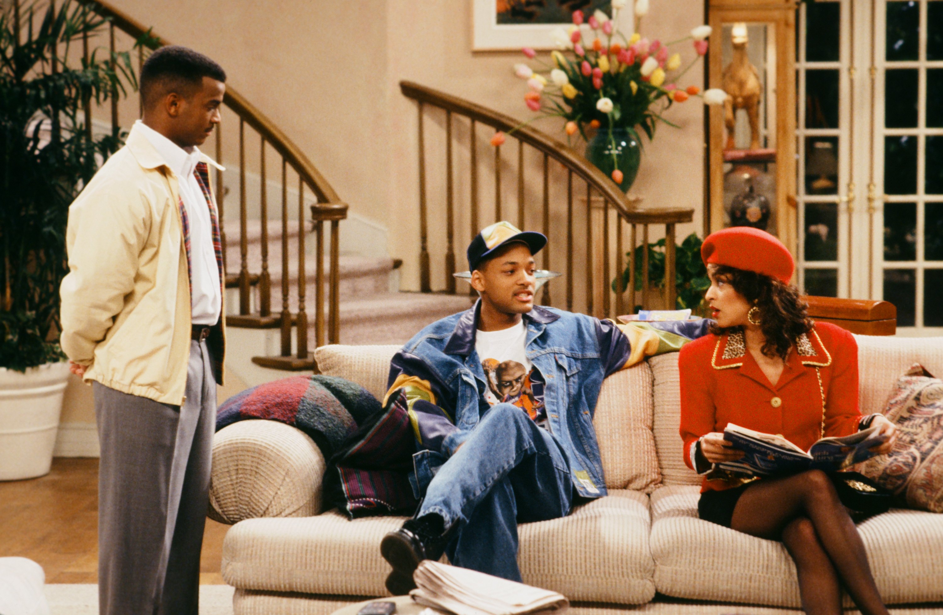 'The Fresh Prince of Bel-Air': Alfonso Ribeiro stands while Will Smith and Karyn Parsons sit on the sofa