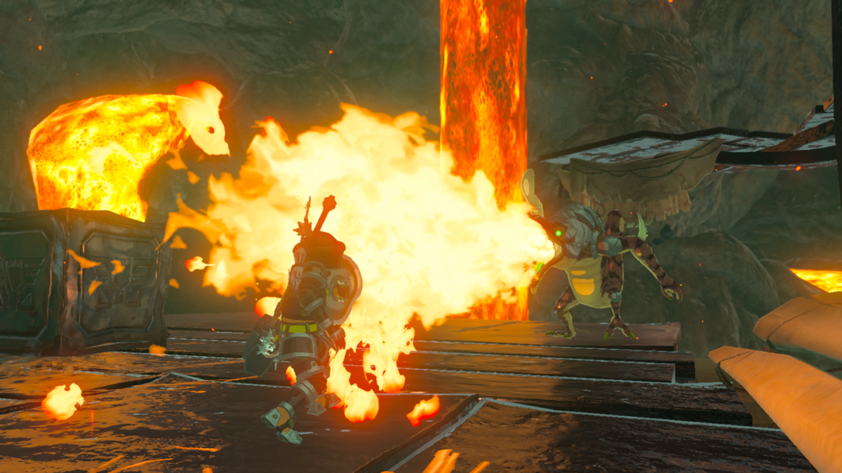 Link fights a Fire-Breath Lizalfos in 'The Legend of Zelda: Breath of the Wild' near where he can kill a Legend of Zelda Cucco