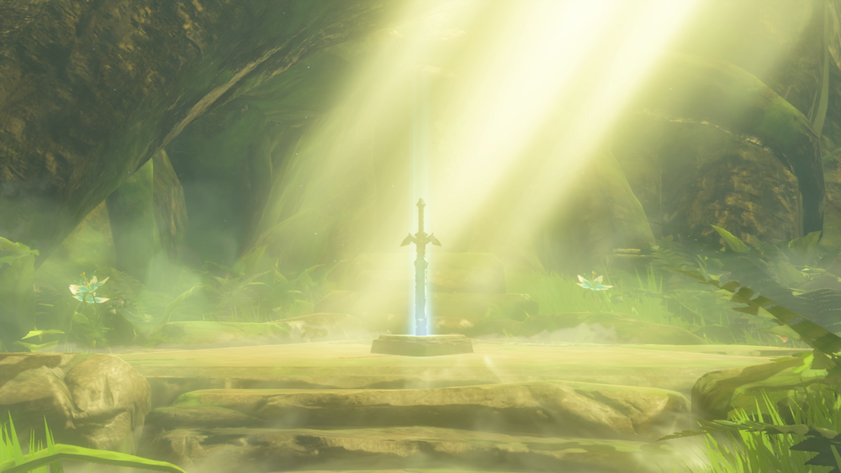 The Master Sword covered in Malice in the Korok Forest from 'The Legend of Zelda: Breath of the Wild'